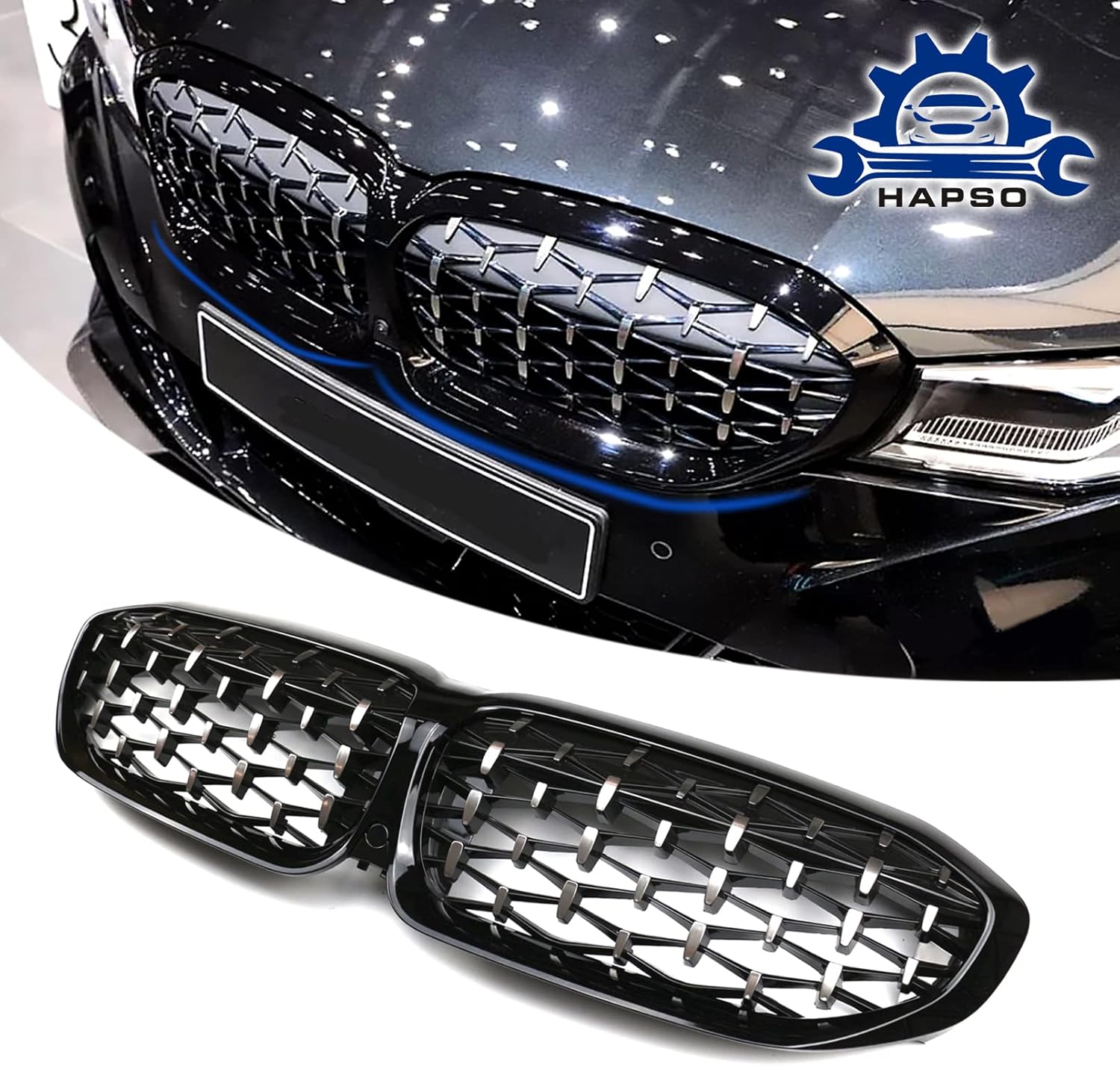 Front Kidney Grille Glossy Black & Silvery Meteor Diamond Grille Fit For 2019-2022 BMW 3-Series G20 G21 G28 Sedan Front Bumper Grill (Chrome Diamond)