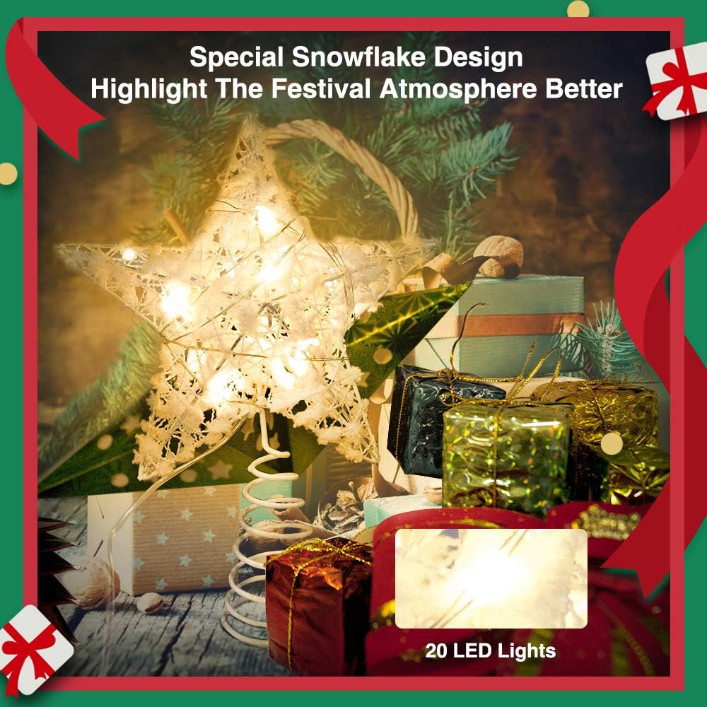 Haoogoo Christmas Tree Topper, LED Star Treetop with White Snowflake, Lighted Pentagram Snow Tree Top with 20 Mini Lights for Christmas Tree Decorations