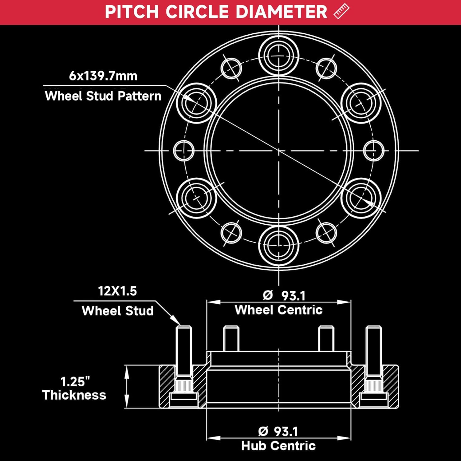 UIU 1.25 Inch 2pcs 6x5.5 Wheel Spacers, Forged 1.25"(32mm) 6x139.7mm to 6x139.7mm Thread Pitch 12X1.5 Hub Bore 93.1mm Adapters for 2013-2025 Ranger 2021-2024 Bronco, Black