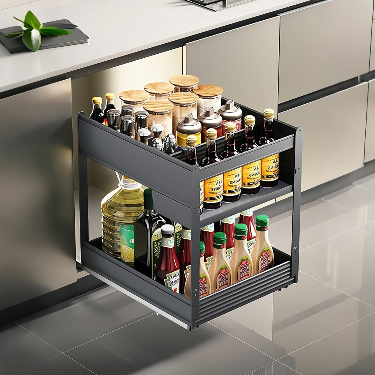 Pull Out Spice Rack Organizer for Kitchen Cabinet, 2-Tier Slide Out Base Cabinet Shelves, Aluminum Pantry Storage with Soft Close Rails, Fits 9.8", 11.8", 13.7", 15.7", 17.7" Wide Cabinet Opening