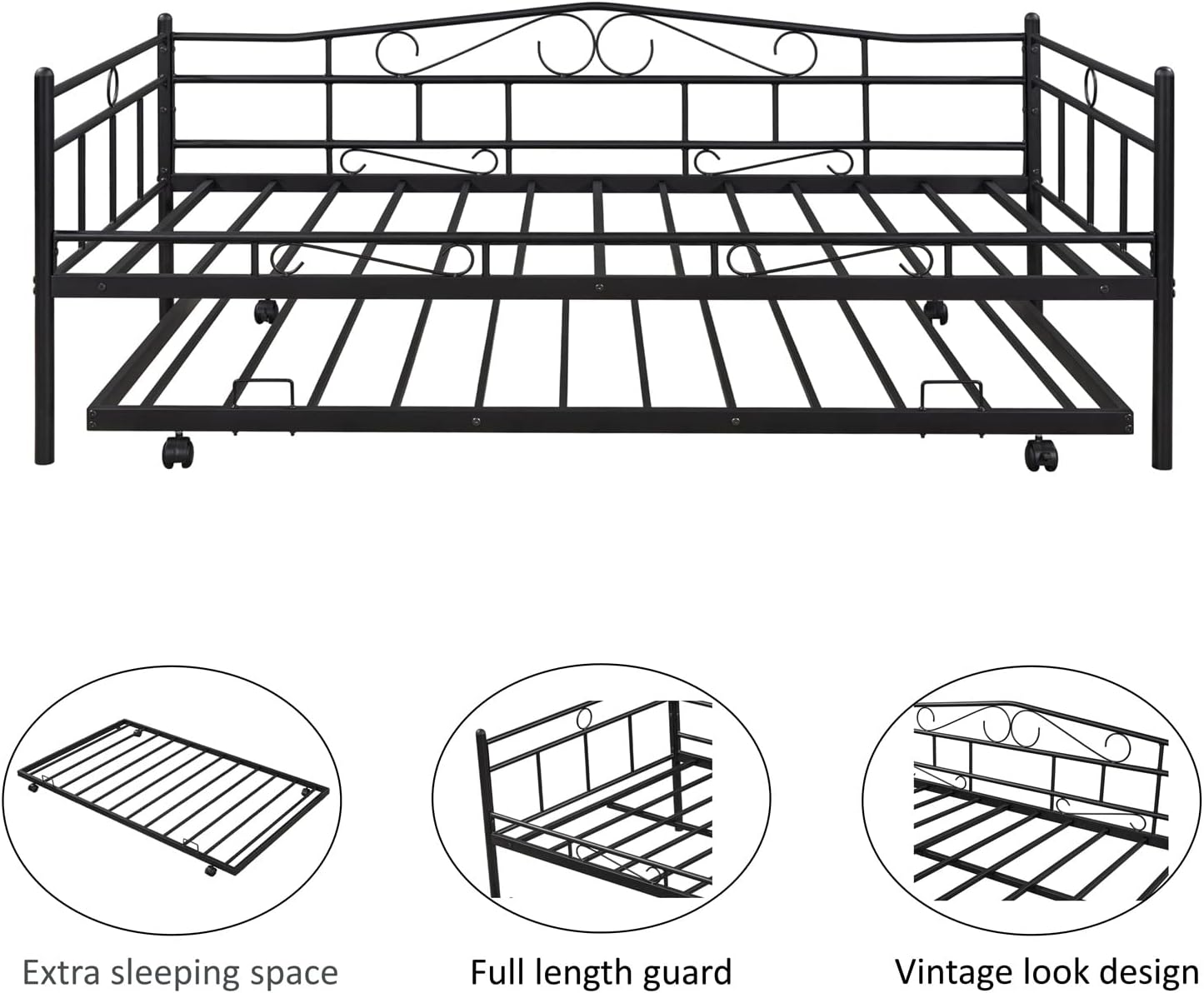 Bellemave Metal Twin Size Daybed Frame with Trundle,Twin Size Montessori Bed with Slats and Fence,Metal Platform Bed,Low Profile Design,Black