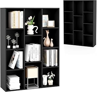KOMFOTTEU Offenes Bücherregal mit 11 Fächern, Würfelregal Bücherschrank freistehend, Standregal Büroregal Holz Aktenregal 74 x 24 x 106 cm (Schwarz)