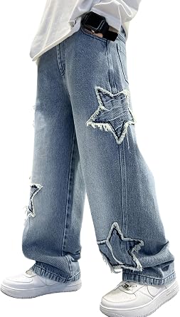 Happy Cherry Boys Baggy Star Denim Pants Pull On Elastic Waist Wide Leg Jeans Loose Vintage Cargo Jeans with Pockets