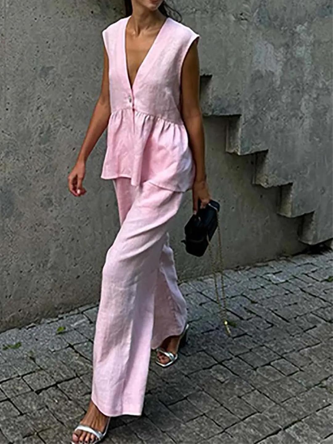 Womens 2 Piece Sets Deep V-Neck Single Button Shirts and Straight Trousers Sets