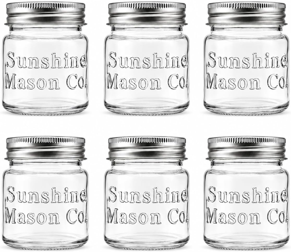 Sunshine Mason Co. Mini Mason Jar Farmhouse Vintage Shot Glasses with Metal Lid 2 Ounces, 6 Pieces