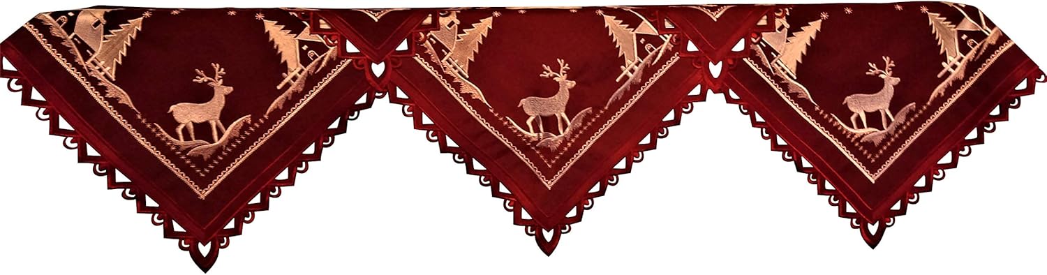 Christmas Table Runner with Reindeer and Church on Red Burlap Style Material Size 54 x 15 inches