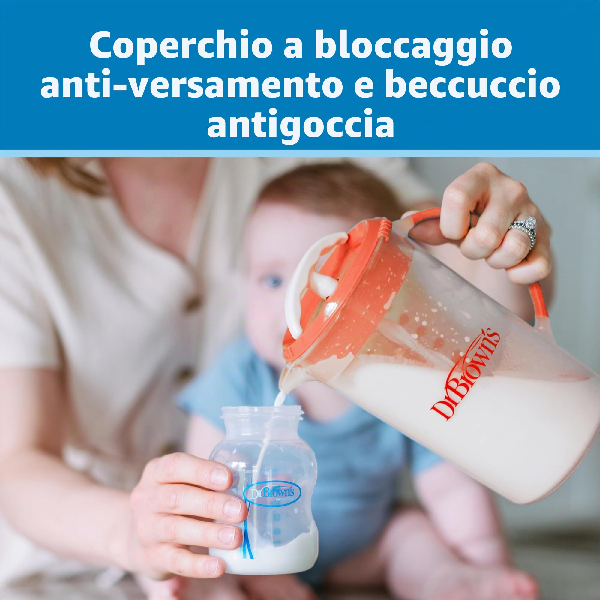 Dr. Brown's Brocca per miscelazione con tappo regolabile, coperchio di bloccaggio e beccuccio senza gocciolamento, 32 once, senza BPA, blu