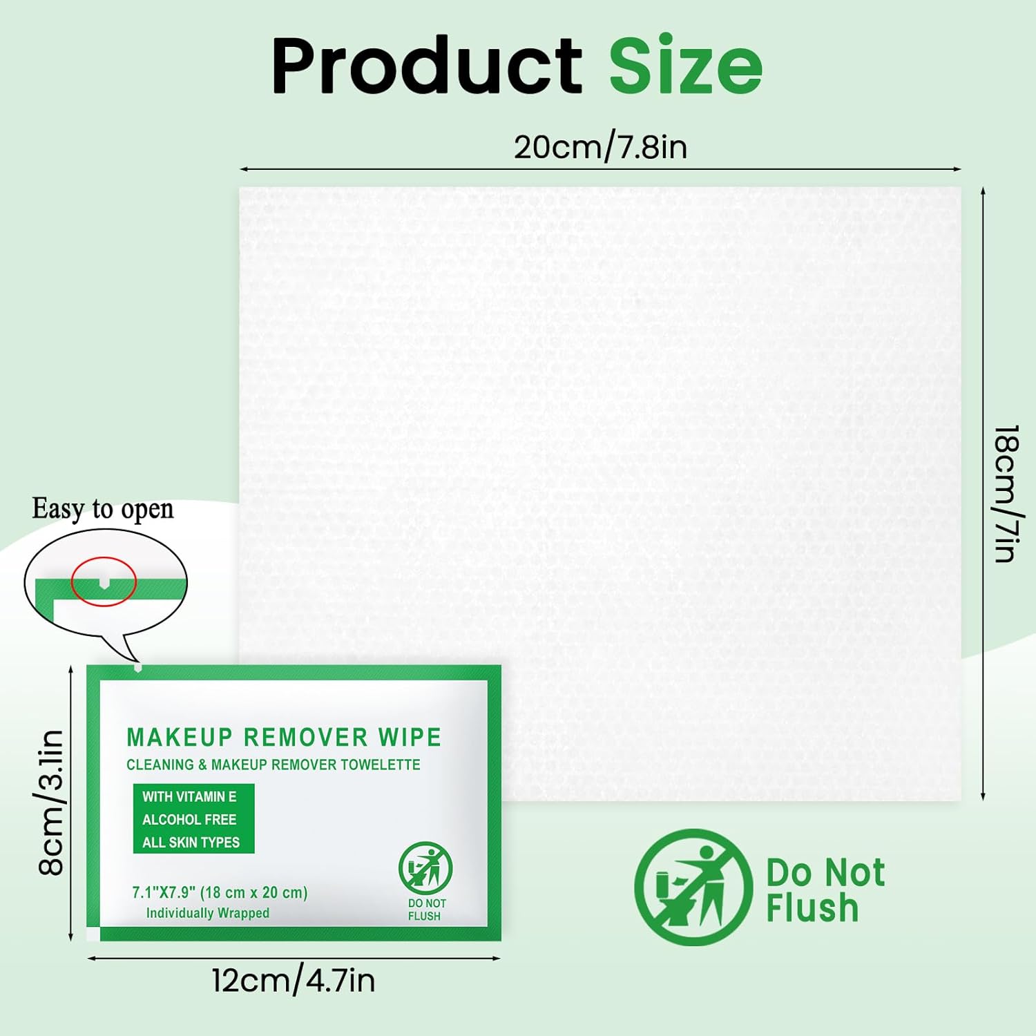 Individual Makeup Remover Wipes Bulk - Pack of 200,Green Individually Wrapped Face Cleansing Wipes Travel Size for Mascara,Lipstick,Skin Care,Hotel Toiletries