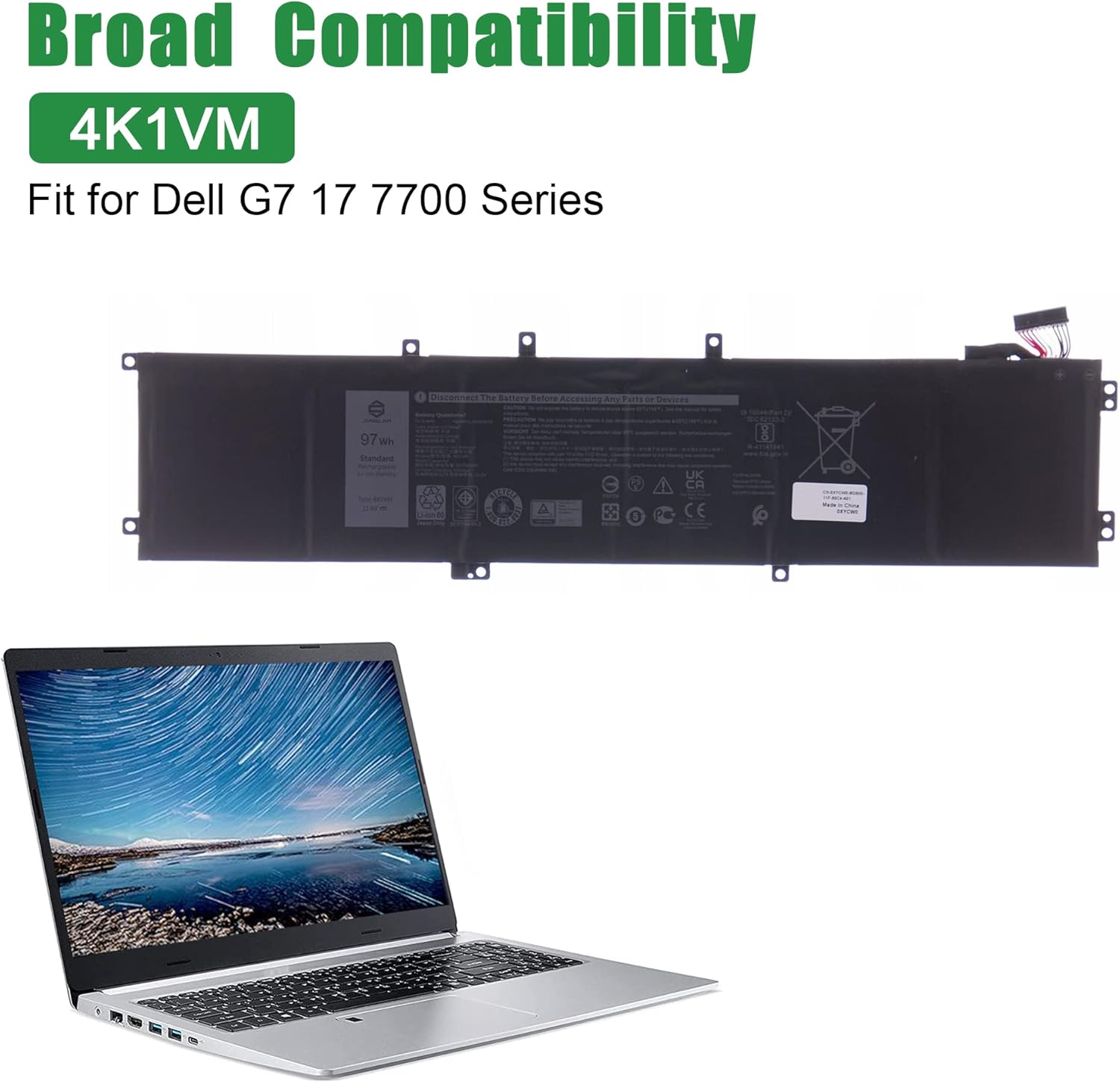 4K1VM 97Wh Laptop Battery Replacement for Dell G7 17 7700 Series Notebook XYCW0 0XYCW0 W62W6 0W62W6 Black 11.4V 8070mAh