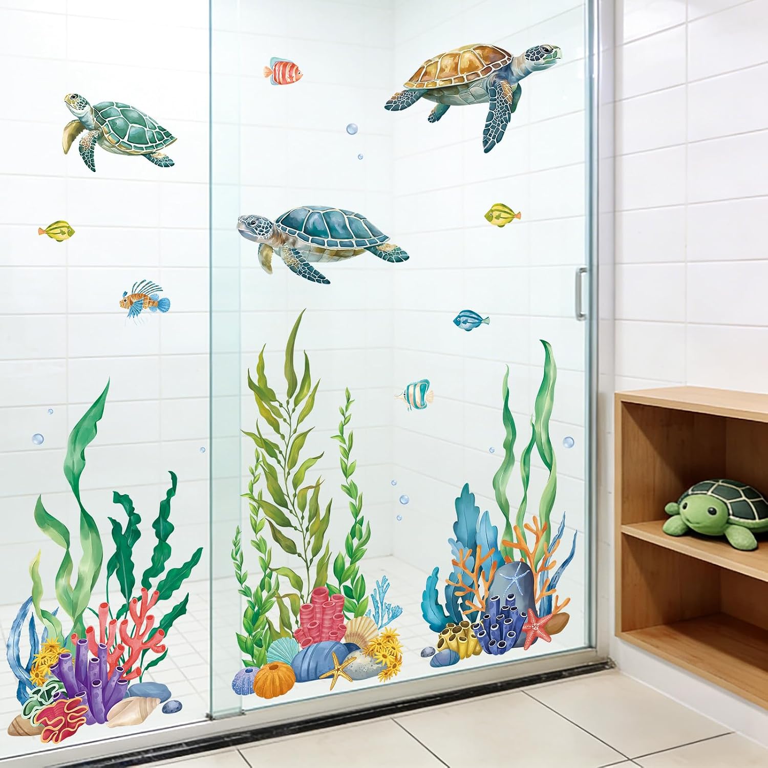 SHUCHING Under the Sea Turtle Wall Decal for Bathroom, Vinyl Ocean Seaweed Grass Wall Sticker Peel and Stick, Wall Decor for Nursery Kids Bedroom Playroom