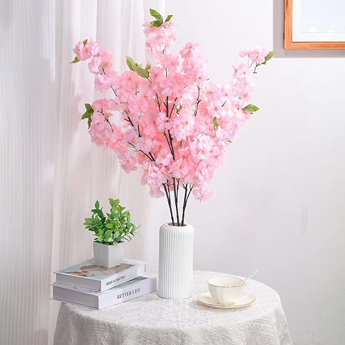 Miniatura 5 de Tigeen 16 piezas de ramas de cerezo artificiales, flores de cerezo de tallo largo, decoración de flor de cerezo falso, tallos de flor de cerezo para
