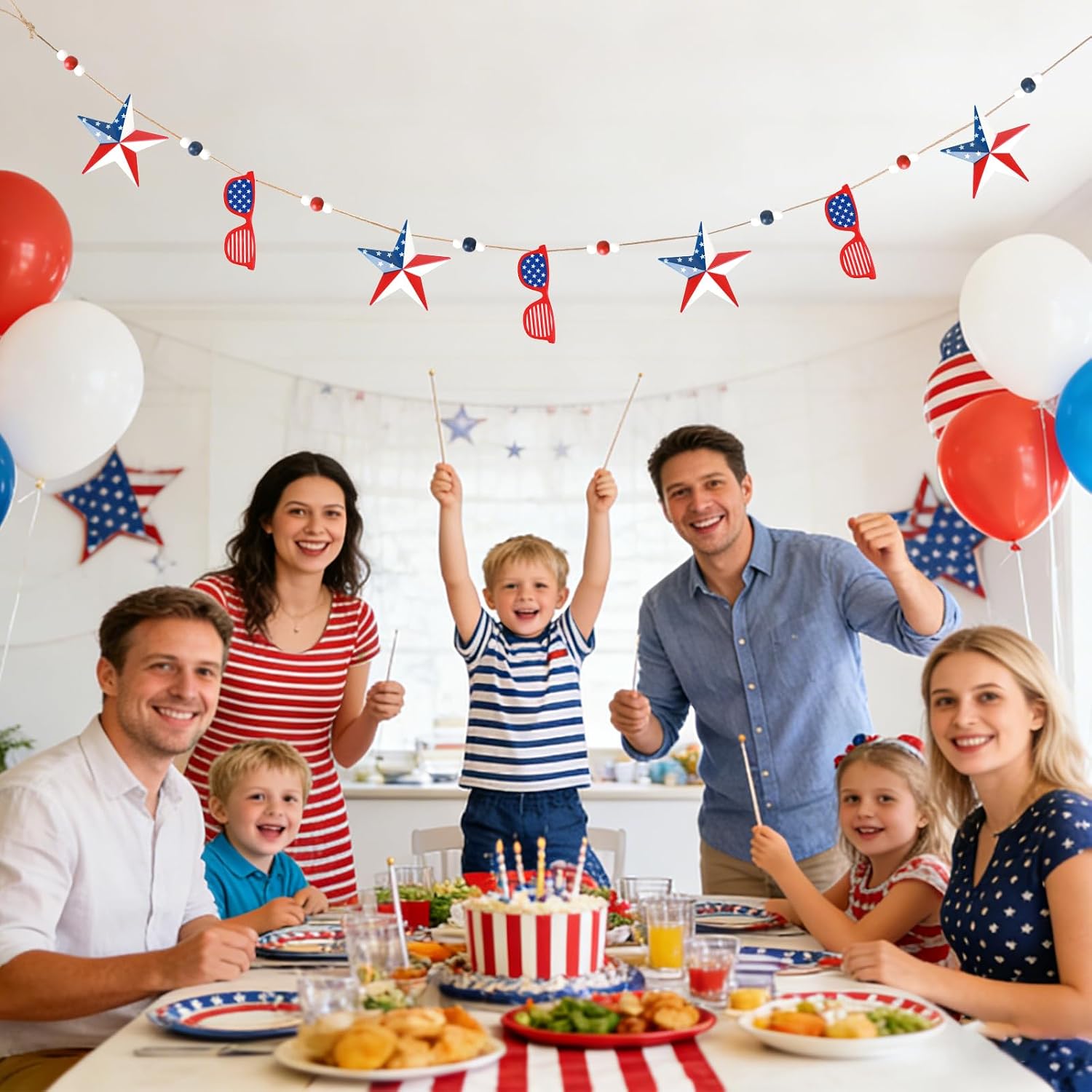 4th of July Decorations, Patriotic Memorial Day Americana Garland Decor, 6.3 Ft Metal Star and Sunglasses Hanging Banner, Red White and Blue Decorations for Home Fireplace Mantel Wall Party Decor