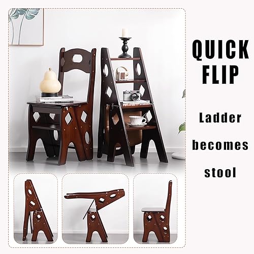 Miniatura 3 de Wooden Library Ladder Chair, Step Stool Chair Foldable, Step Ladder 4 Step Folding, Ideal for Home,Library and Kitchen, Works as Flower StandStorage