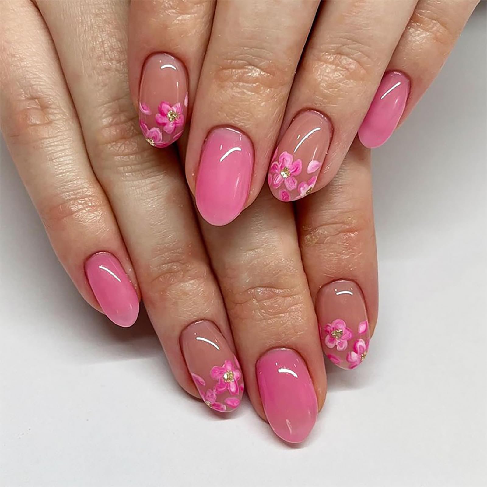 Fench Flowers Press on Nails Pink Fake Nails Short Almond Stick on Nails Spring Glue on Nails Solid Color False Nails Gloss Artificial Nails Full