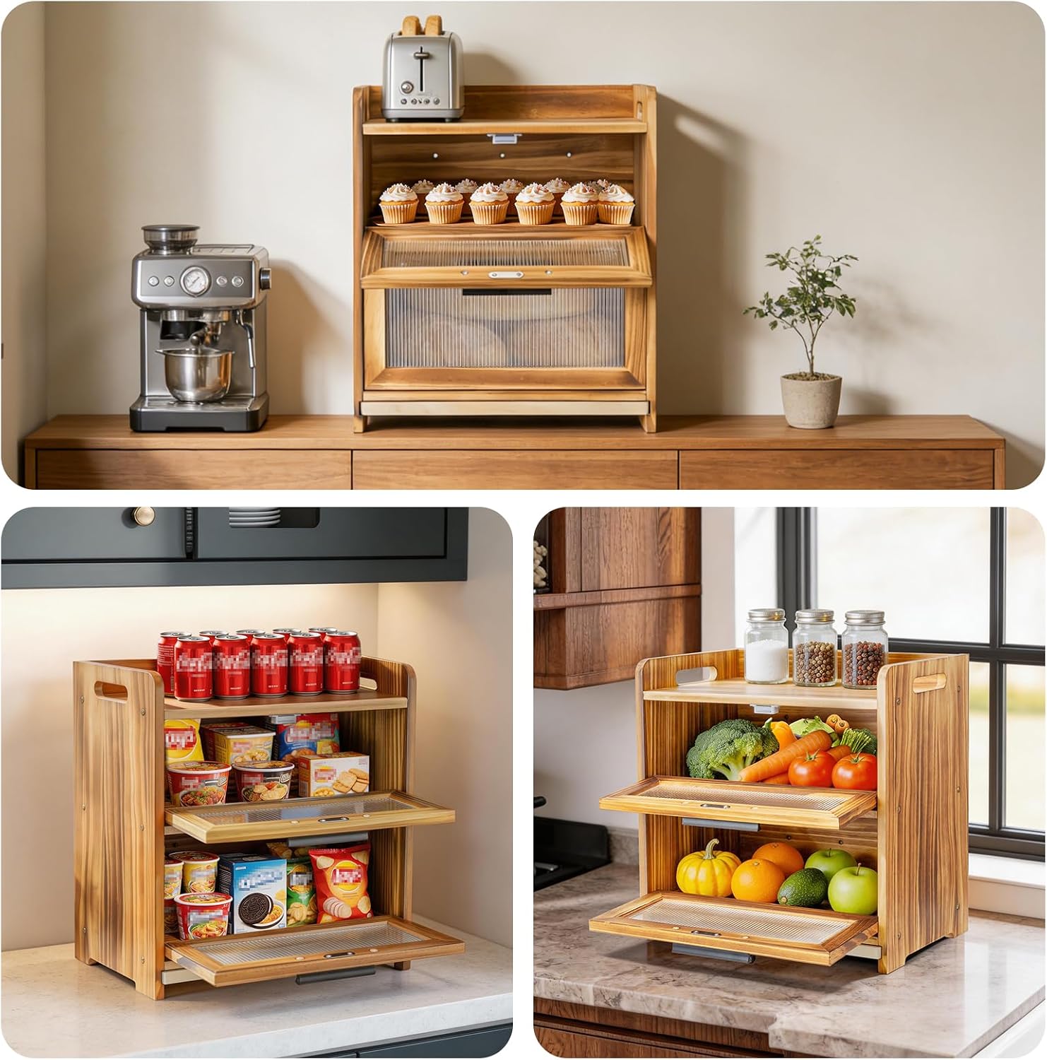 Bread Box for Kitchen Countertop, Large Wooden Breadbox with Cutting Board, Double Layer Bread Storage Container for Homemade Bread with Handles, Acrylic Window and Air Vents Keep Bread Fresh (Brown)