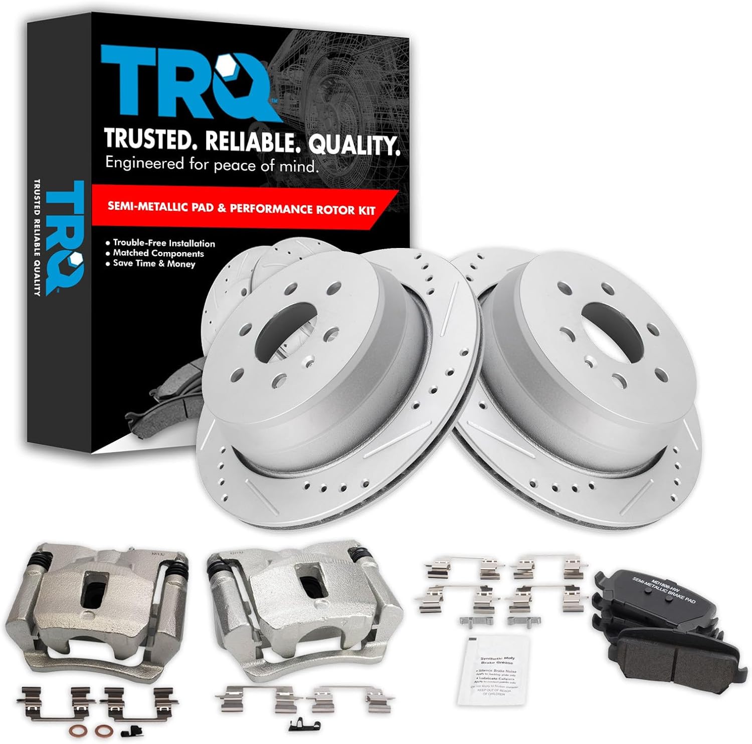 TRQ Rear Brake Pad and Rotor Set Semi Metallic Vented G Coated Rotors Calipers Compatible with 2015-2019 Chevrolet Colorado GMC Canyon