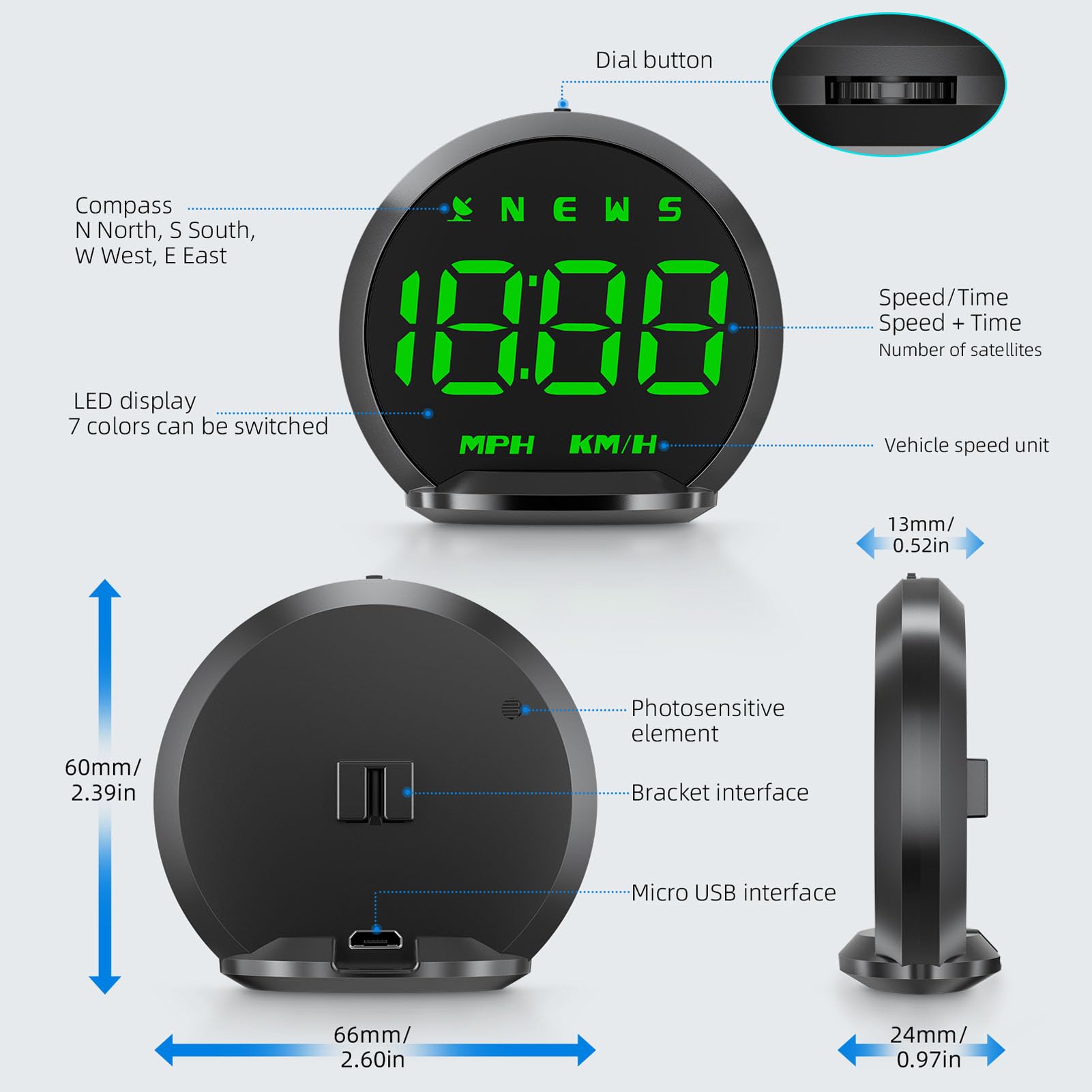 Velocímetro HUD para Coche, GPS Universal, Dirección de Velocidad, Distancia de Conducción, Alarma de Exceso de Velocidad, Velocímetro LED Multifuncional para Vehículos