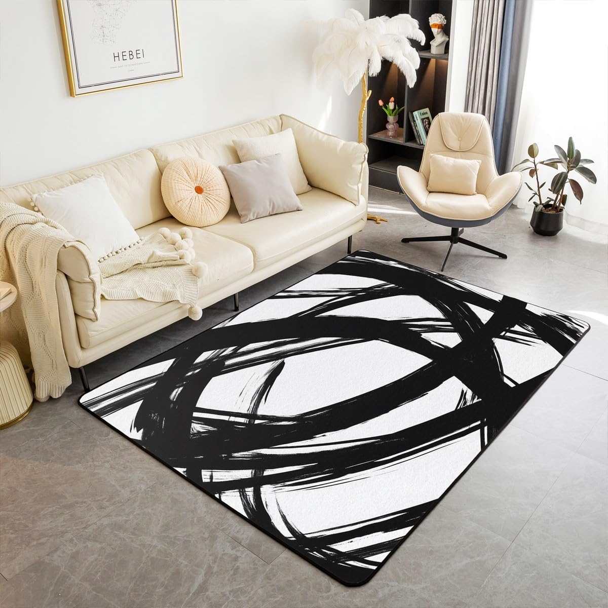 Black and White Abstarct Area Rug 4'11" x 3'3" for Adult Women Men, Geometric Striped Carpet for Minimalists,Graffiti Lines Indoor Floor Mat,Contemporary Modern Art Decorative Washable Rug
