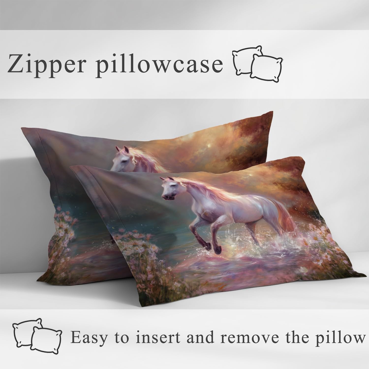 Eteryczne prześcieradło z gumką 180 x 200, fantazyjne prześcieradło z gumką, mistyczne nadrukiem dla dorosłych, motyw konia, 180 x 200 cm, na materac do 30 cm wysokości z 2 poszewkami na poduszkę