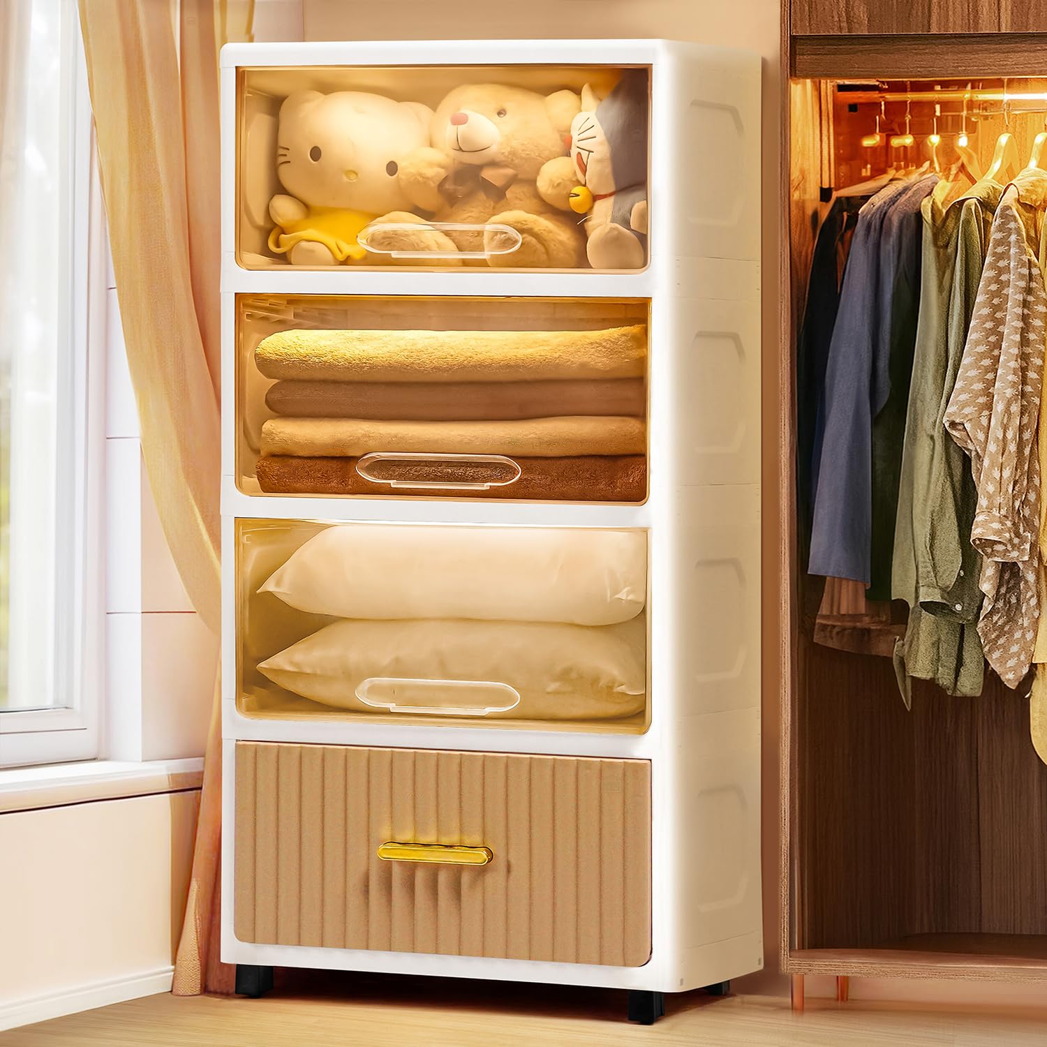 ABOUT SPACE Polypropylene Cabinet for Storage-4 Tier DIY Cupboard with Hidden Door,Drawer&Roller Wheels|Kids Wardrobe for Clothes Storage Racks for Home,Office,Bedroom(L 49X B 29.7XH 106.5 Cm),White (B0D8VY4B7K) Amazon Price History, Amazon Price Tracker