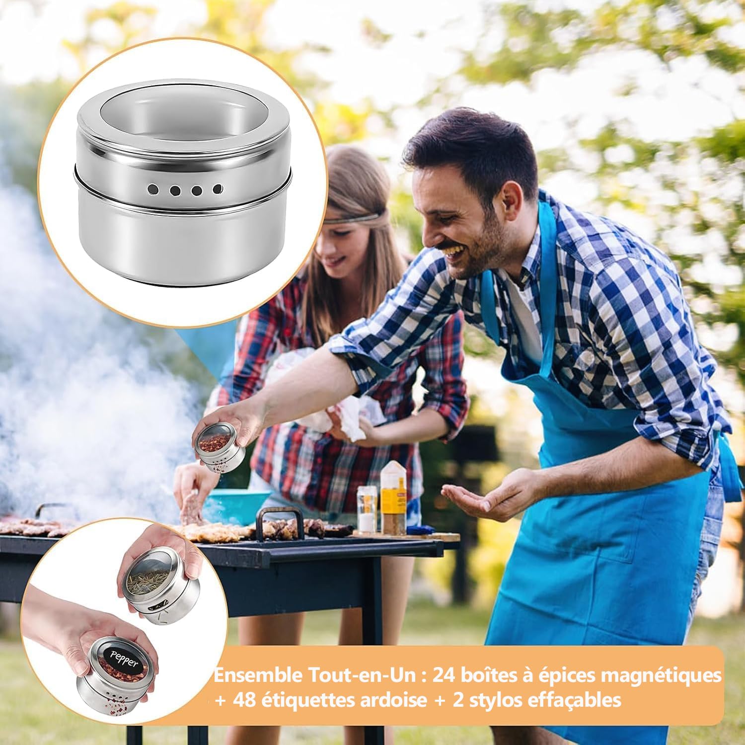 Lot de 24 Pots à Épices Magnétiques avec Couvercles, Bocaux Assaisonnements en Acier Inoxydable pour Réfrigérateur avec 48 Étiquettes et 2 Marqueurs pour Cuisine Frigo