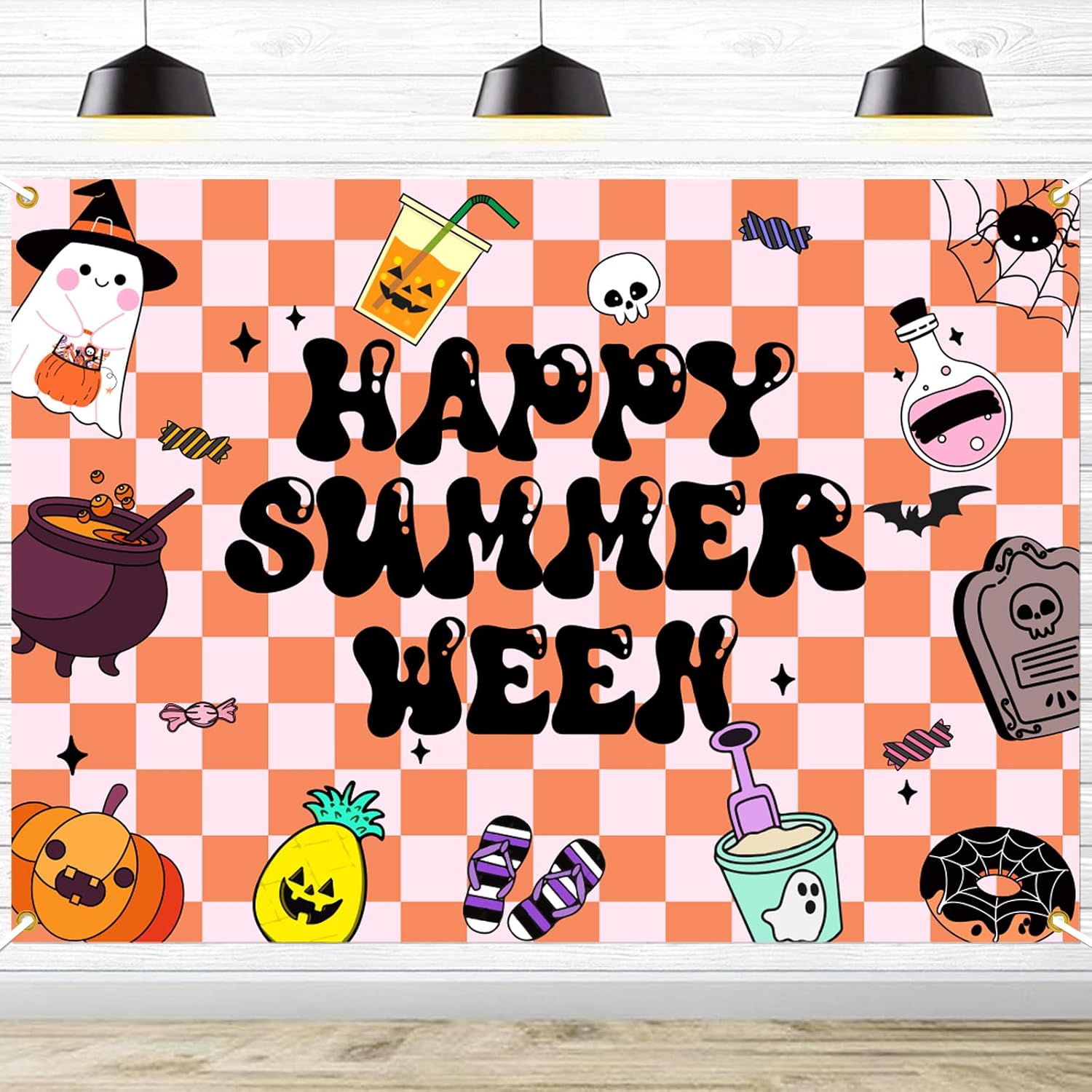 Summerween Backdrop Banner - Happy Summerween Decorations, Halloween in Summer, Summer Halloween Party Decorations Boy Girl Women Photoshoot Photo Background Props, 7 * 5ft