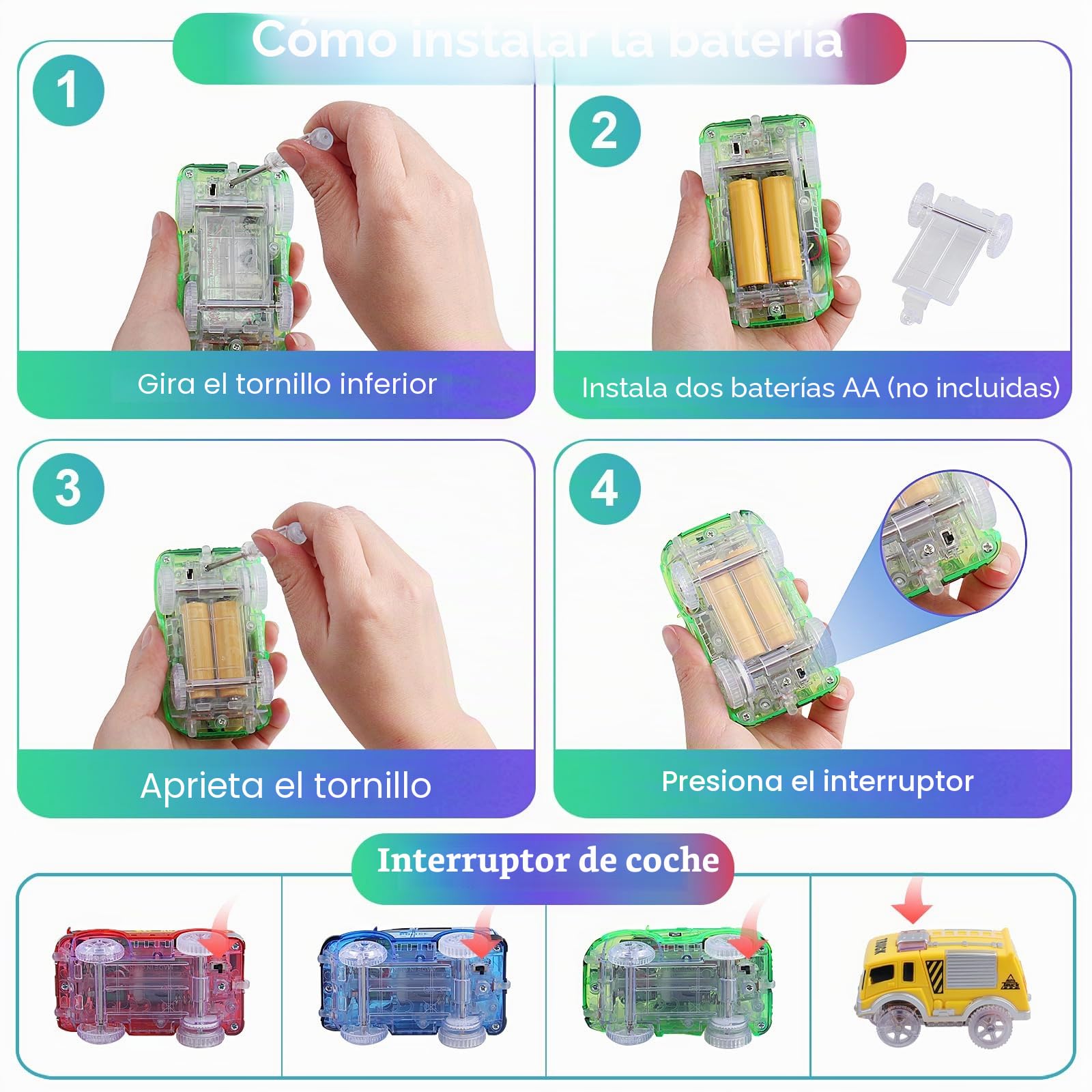 Coches Para Niños Mágicos Que Brillan en la Oscuridad - Paquete de 4 Autos de Pista Con Accesorio Compatible Con La Mayoría de Las Pistas - Para Edades 2-8 Años