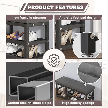 Entryway Coat Rack Shoe Bench, 4 In 1 Hall Tree With Shoe Rack and Hooks for Umbrella Holder Entryway Bench Top Shelf Accent Furniture Carbon Steel Frame(Black)