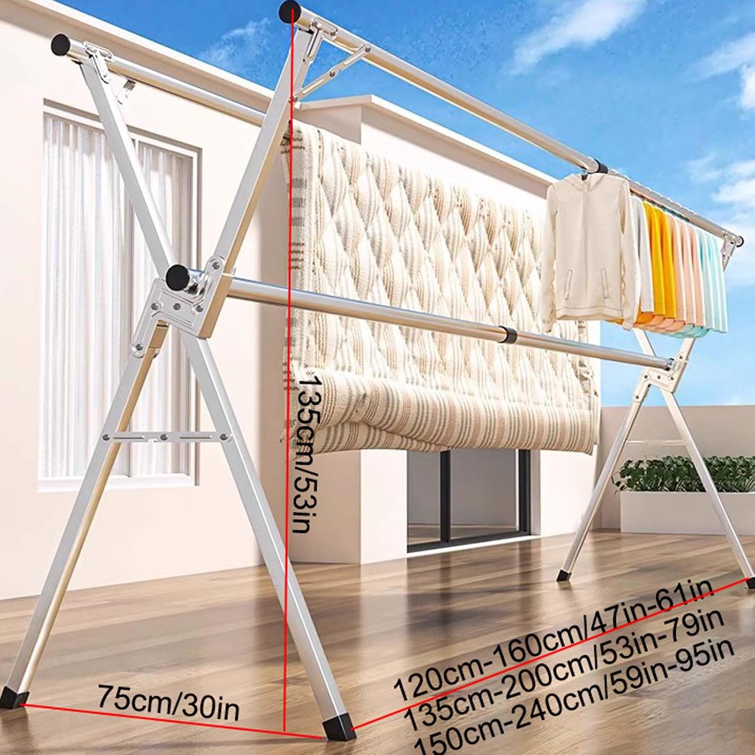 Heavy-Duty Stainless Steel Adjustable Clothes Drying Rack with 20 Windproof Hooks – Foldable Garment Airer for Indoor/Outdoor Use, Space-Saving Laundry Solution for BALC