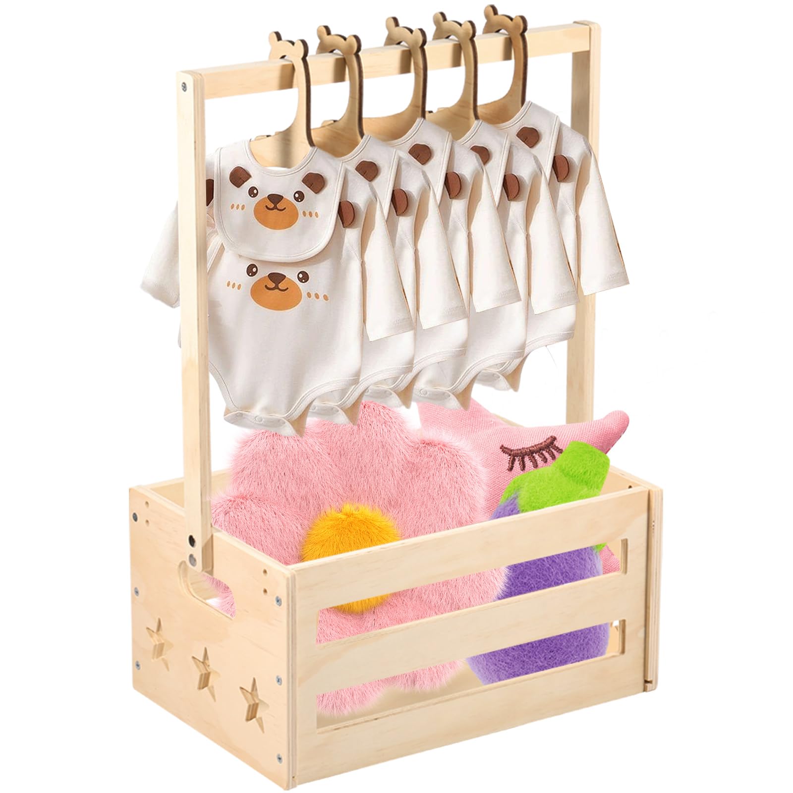 MTFun Wooden Baby Shower Crate Closet Baby Shower Basket with Handle Baby Storage Crate Hamper Baby Clothes Rack New Born Baby Gift Basket Pregnancy Gift for New Parent (1 rack+5 hanger)