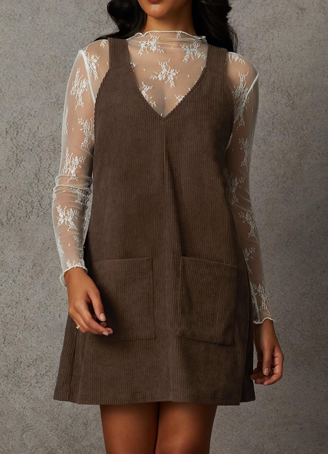 Navneet Corduroy Overall Dress for Women V Neck Sleeveless Pinafore Jumper Mini Dress with Pockets - Image 3