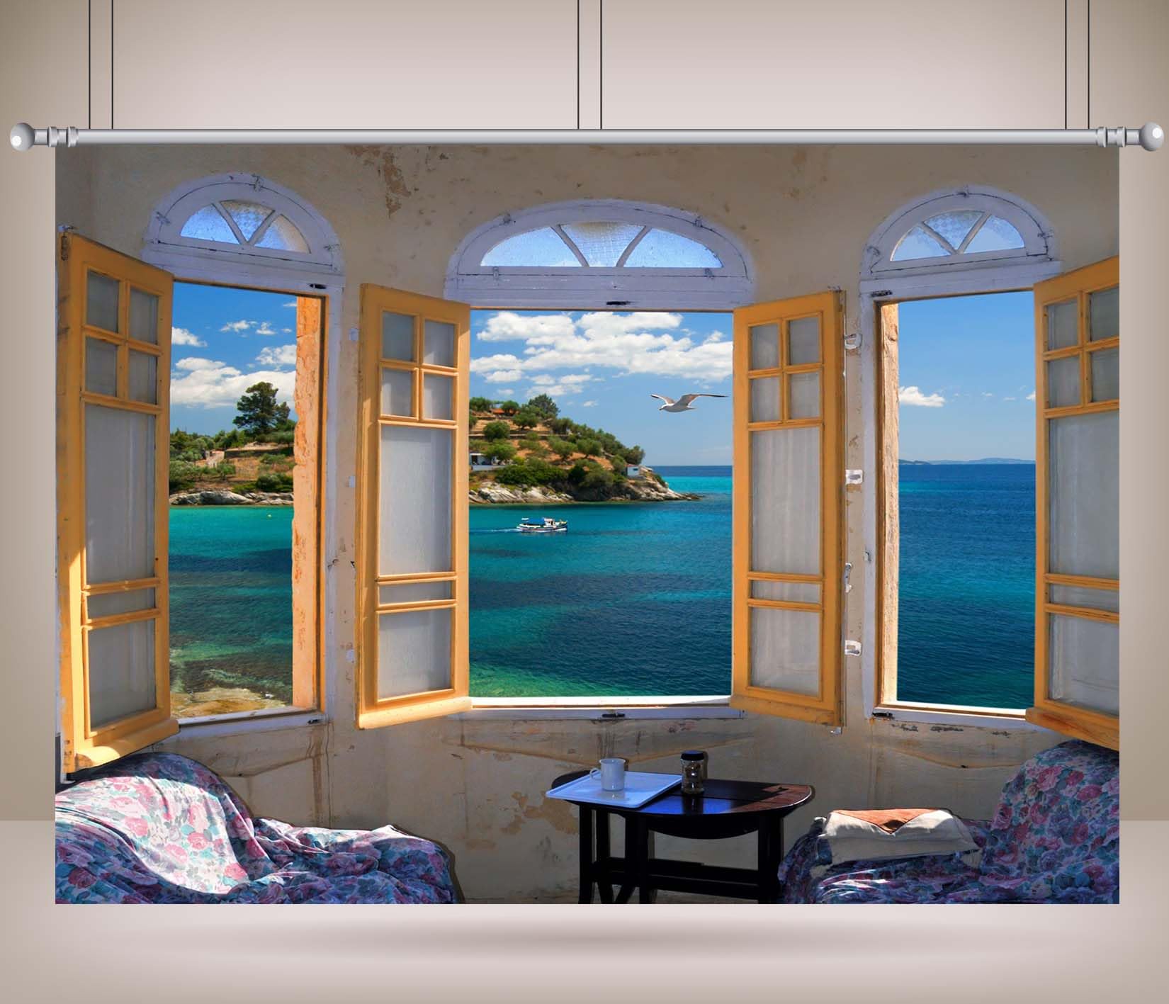 Tessuto 5,2x3m (17x10FT) Stanza con Vista Mare Sfondo Finestre Aperte Interno Costiero Scenario Fotografico per Estate Matrimonio Ritratto Adulti