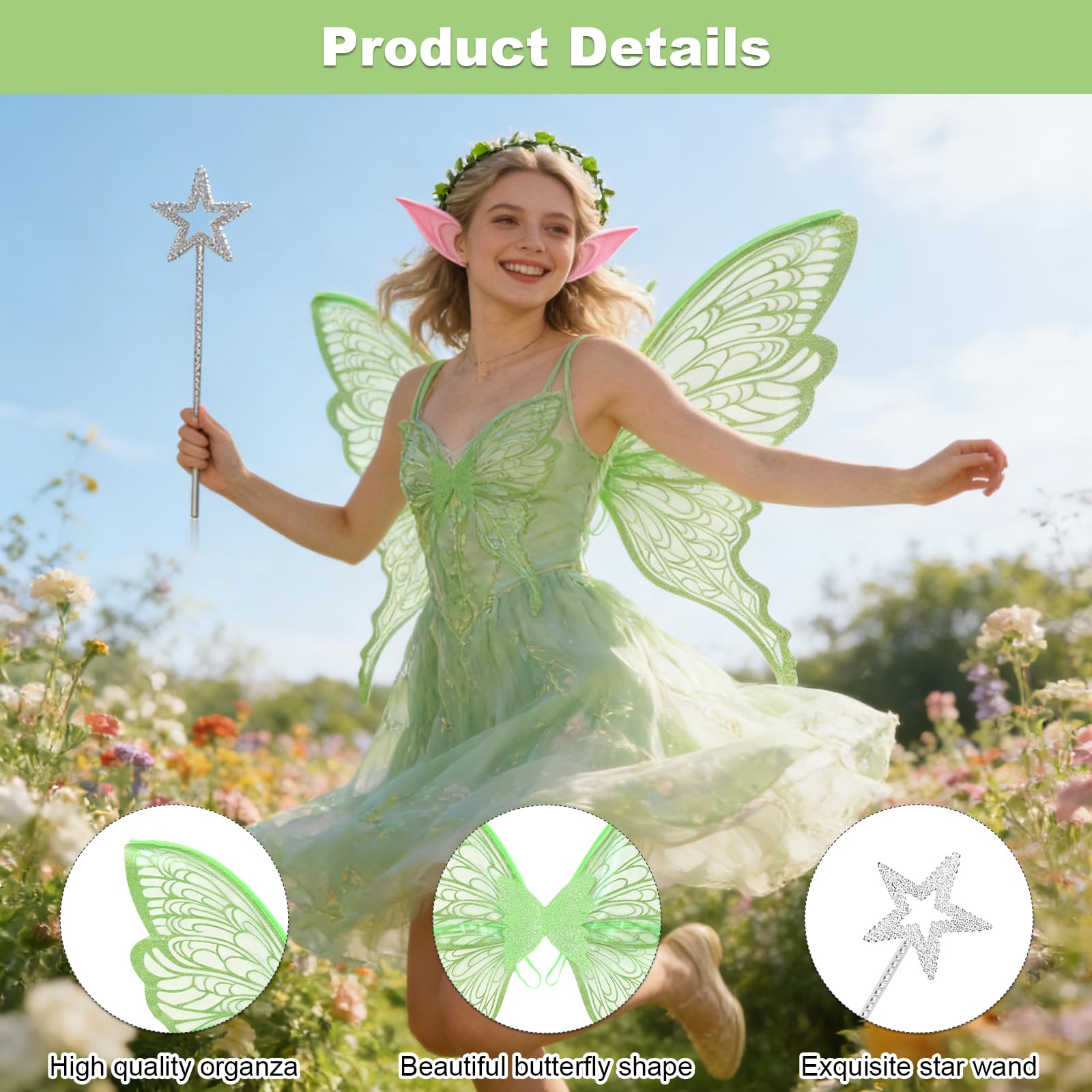 Fairy Wings Costume Set, 4-Piece Tinkerbell Style Outfit with Butterfly Wings, Elf Ears - Image 3