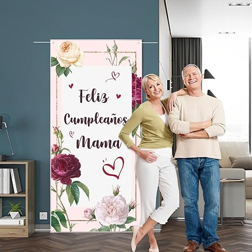 Miniatura 3 de Labakita Cartel para puerta con texto en inglés Feliz Cumpleaños Mama, cartel español de Happy Birthday para puerta, decoración de cumpleaños para