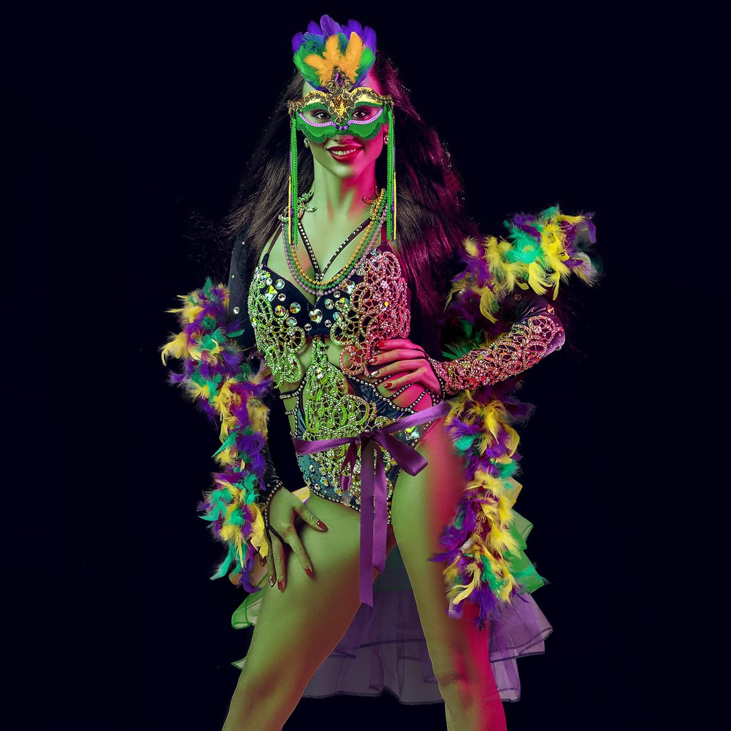 4 Pcs Mardi Gras Outfit for Women Includes Layered Short Tutu Skirts Colorful Round Bead Necklaces Long Feather Boa Mask with Feathers for Party Costume Festival Decorations - Image 6