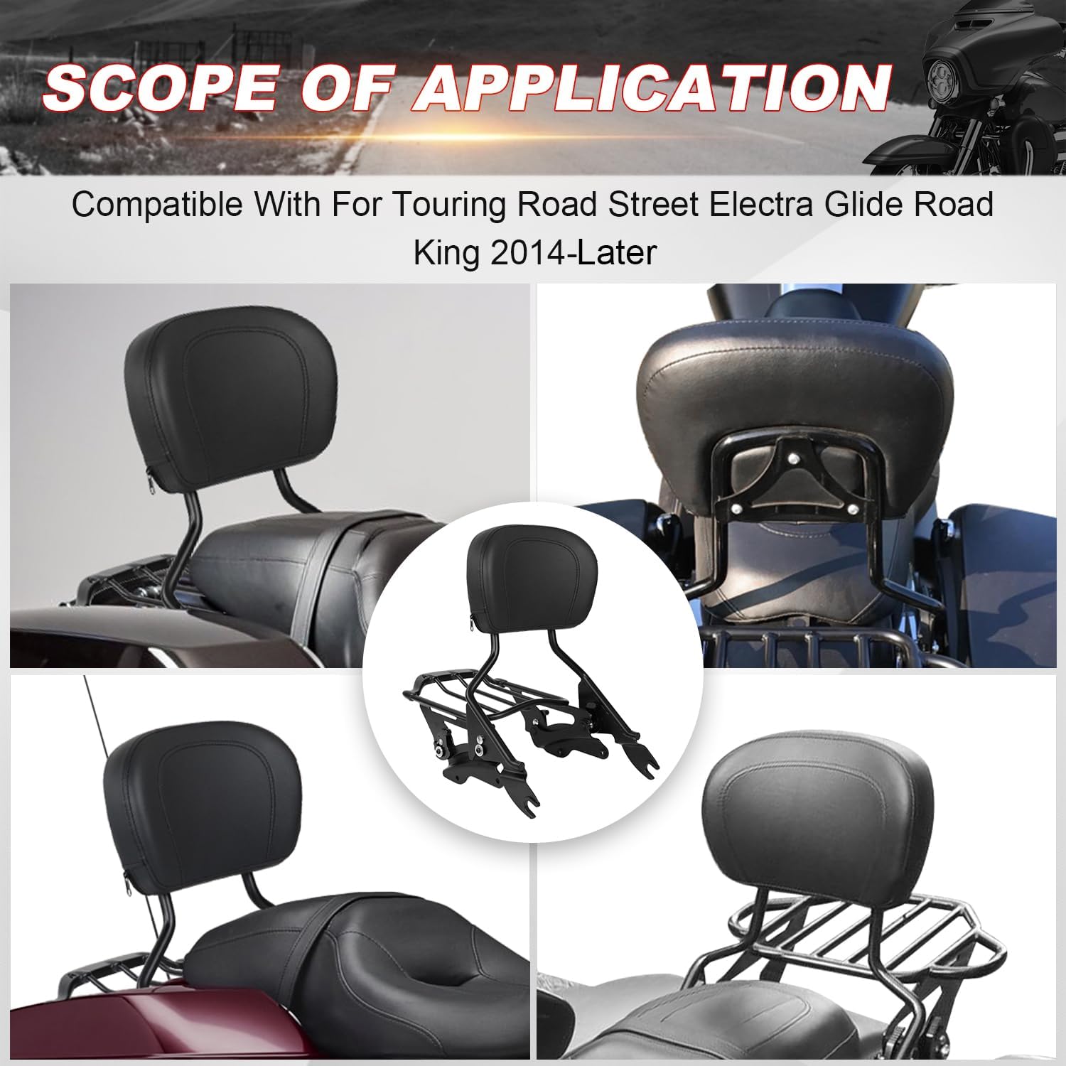 AUFER Detachable Passenger Sissy Bar Backrest with Back Rest Pad 2-Up Luggage Rack 4 Point Docking Hardware Kits Compatible with for Harley Touring Street Road Electra Glide Road King 2014-2025