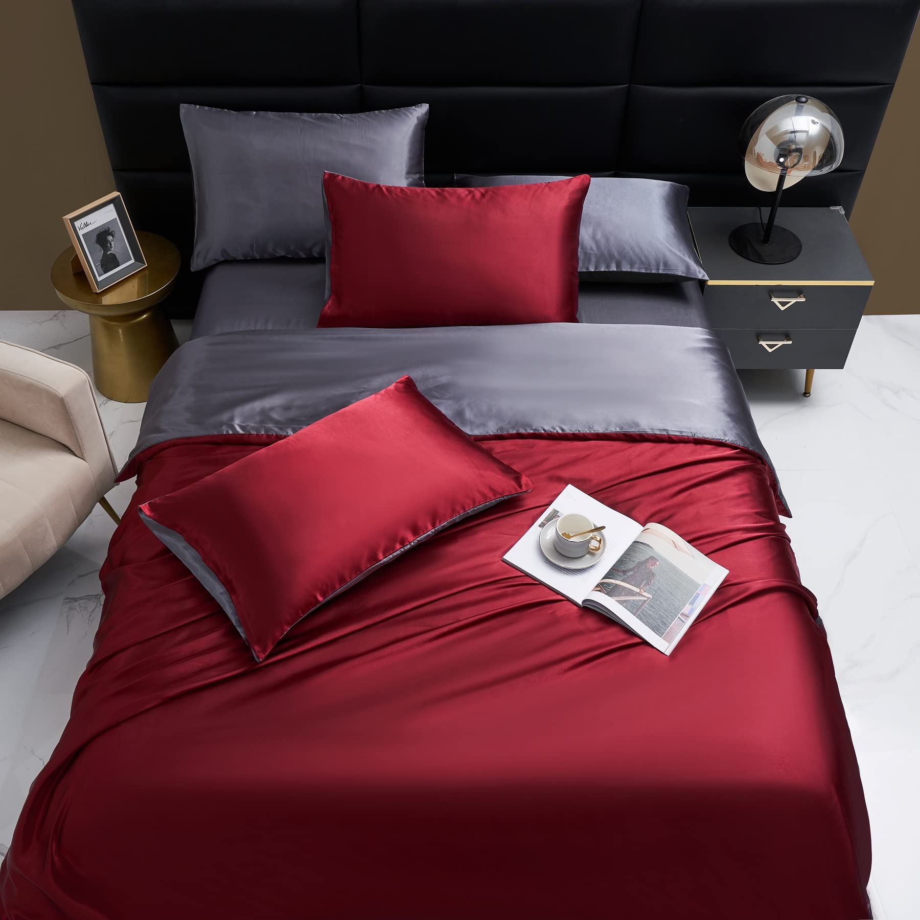 Ropa de cama de satén, 200 x 220 cm, color rojo vino, gris oscuro, reversible, de alta calidad, elegante, satén, 3 piezas, con cremallera y 2 fundas de almohada de 80 x 80 cm