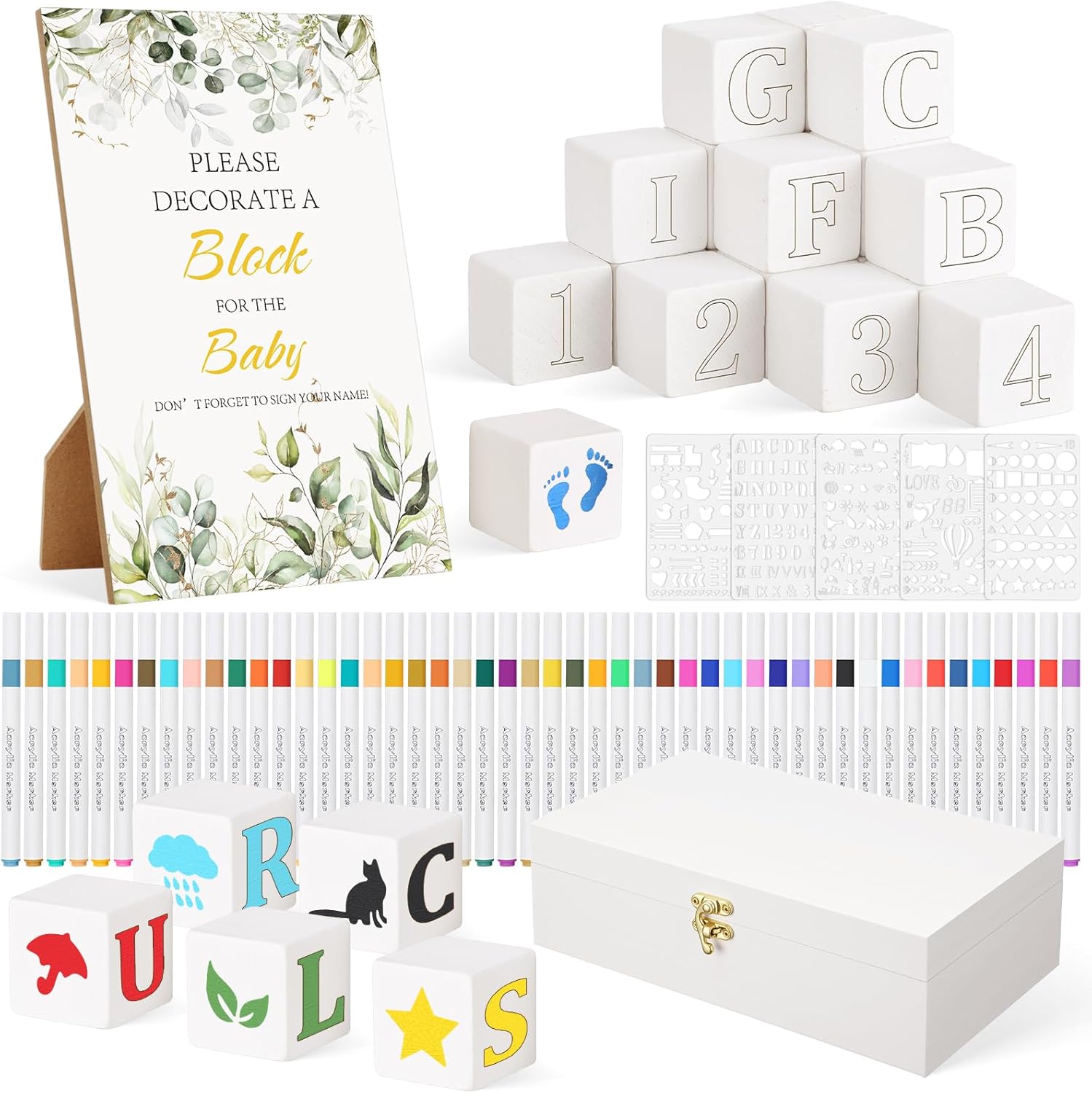 117 Pcs Baby Shower Game – 62 White Wooden Cubes to Decorate, Storage Box, 48 Acrylic Markers, 5 Stencil templates & Instruction Sign