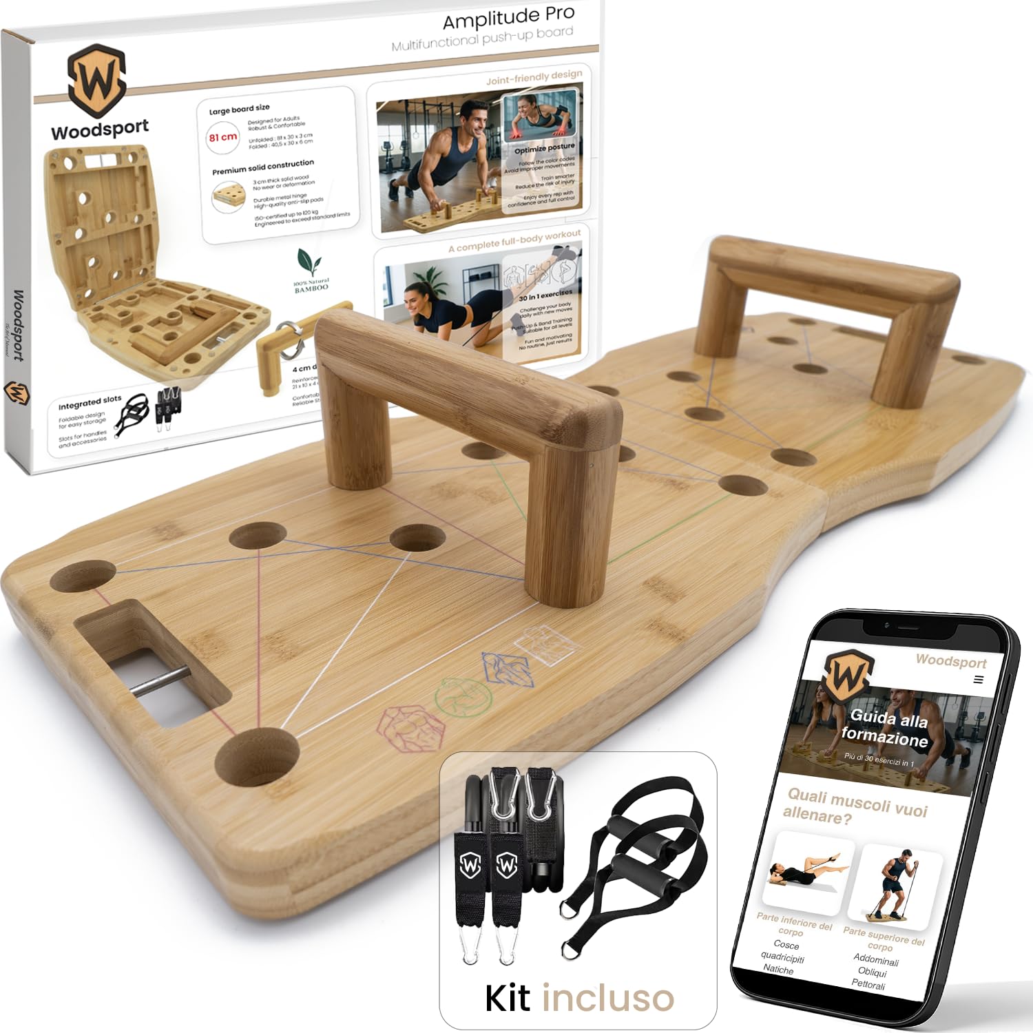 Amplitude – Tavola per Flessioni/Push Up Board Pieghevole – Attrezzi Fitness per Palestra a Casa – con Bande Elastiche + Guida Allenamento 30 in 1