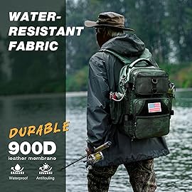 Ghosthorn Fishing Tackle Backpack with Instant Workstation & 2 Rod Holders, Waterproof Fishing Bag Large Storage Fish Gear and Equipment (Green Camouflage)