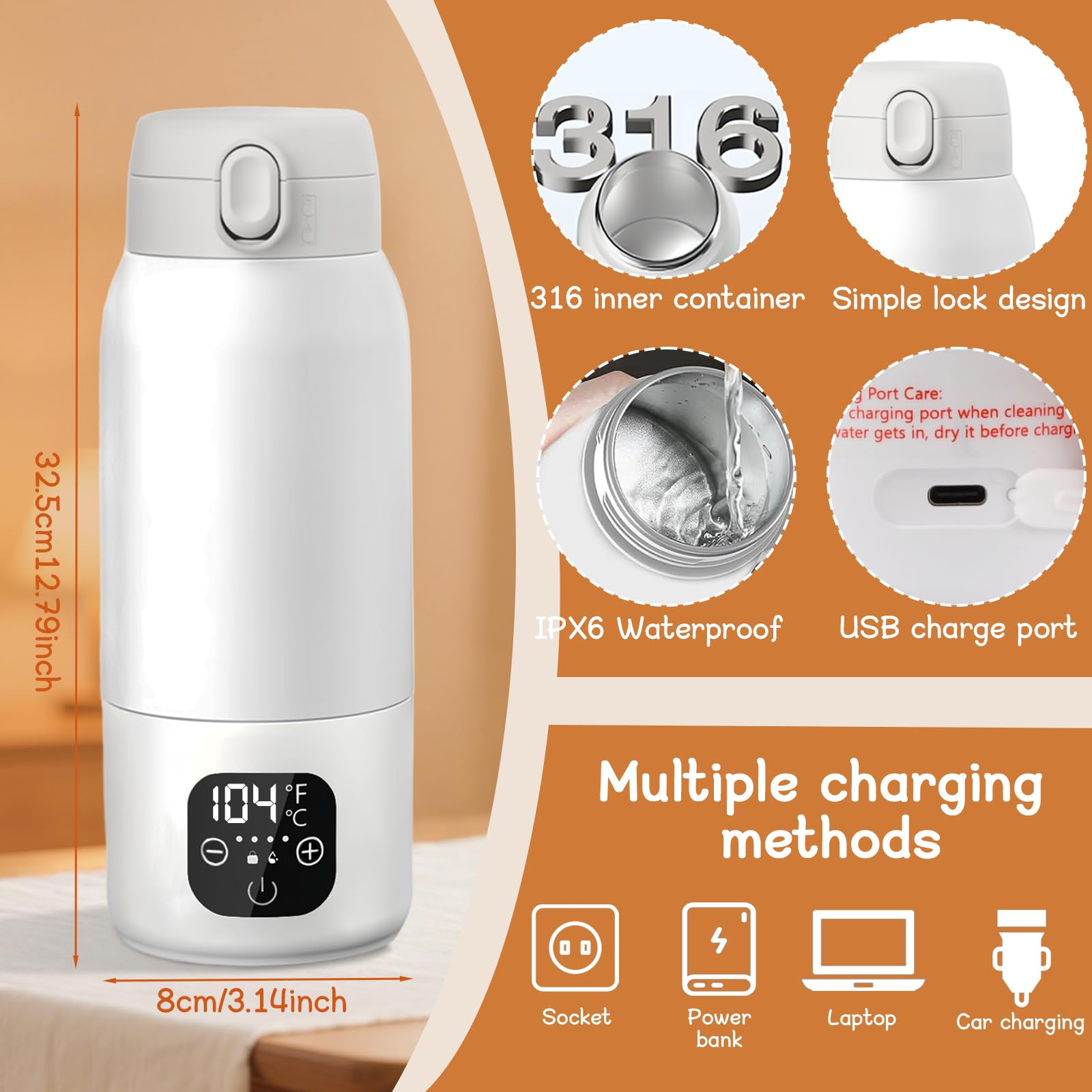 Baby Flaschenwärmer, Fast Baby Milk Bottle Warmer, Temperaturkontrolle 35~70 °C mit Digitalanzeige, Schnelles Aufheizen und Lange Akkulaufzeit 11000mAh, 500ml Kapazität für Reisen & Nachtfütterung