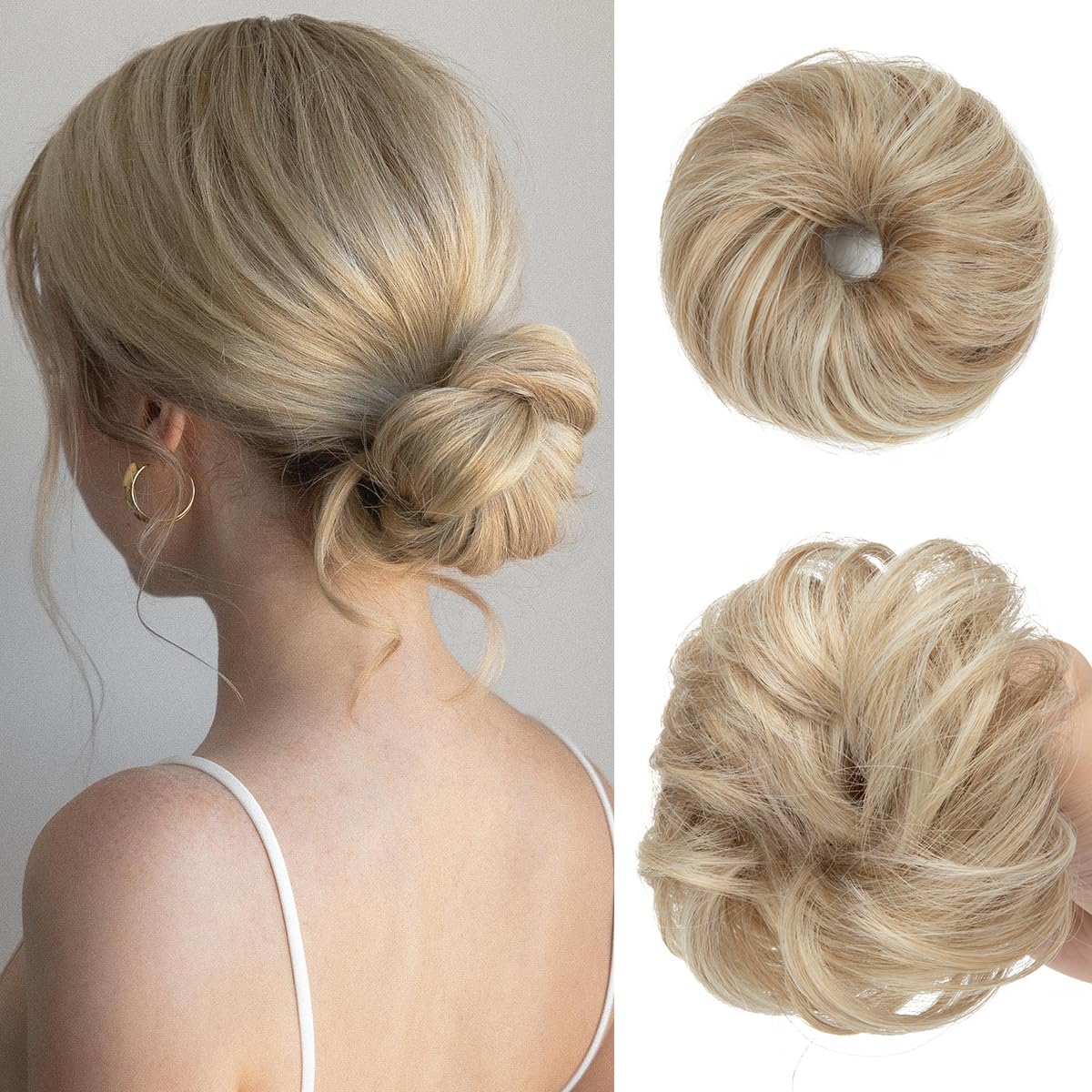 Photo 1 of CJL HAIR 2PCs Small Cute Messy Bun Hair Piece for Thin Hair Women Mini Synthetic Curly Bun Scrunchies Updo Hairpieces Sunny Blonde