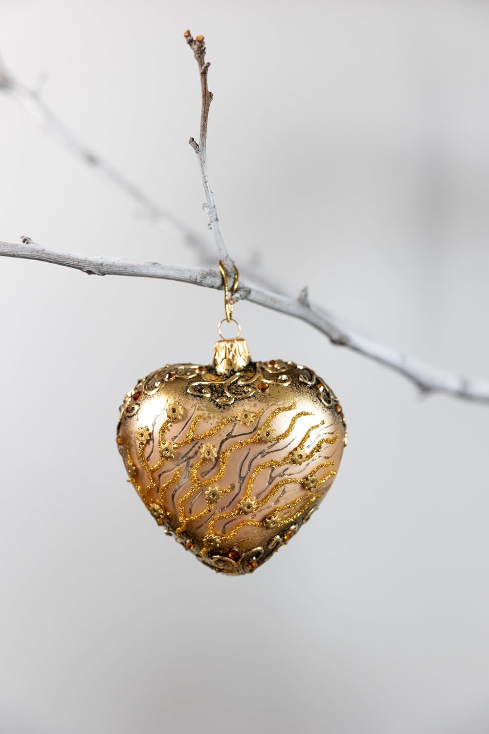 Christmas Heart Ornament Blown Glass, Royal Inspired Hand Decorated, 4 in. Gold Flower