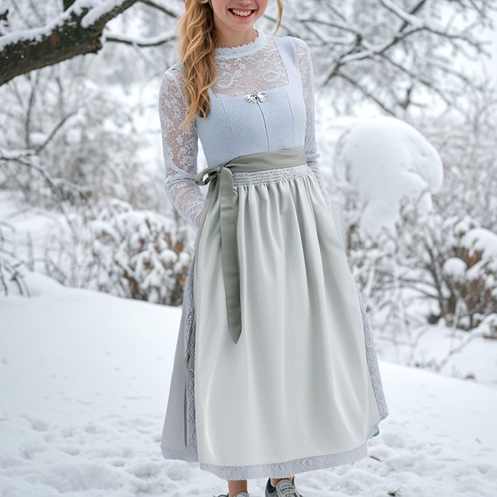 Generisch Damen Dirndlkleid Midi Trachtenkleid 2 3 Teilig Komplettset mit Spitze Dirndlbluse Dirndlschürze klassisch elegant Baumwolle bequem für Oktoberfest Karneval Volksfeste Größe 34 bis 54
