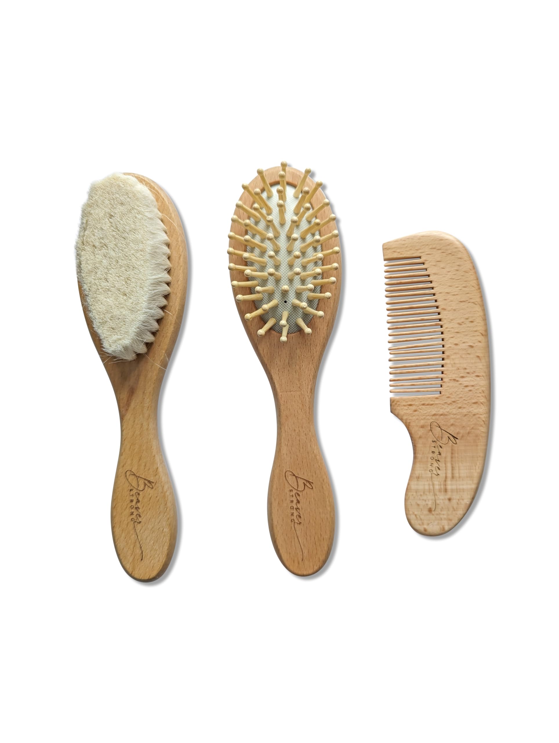 Juego de cepillo y peine de madera para bebé de cuidado suave – 2 cepillos y 1 peine para recién nacidos – Cerdas suaves, seguro y natural – perfecto para cabello y cuero cabelludo