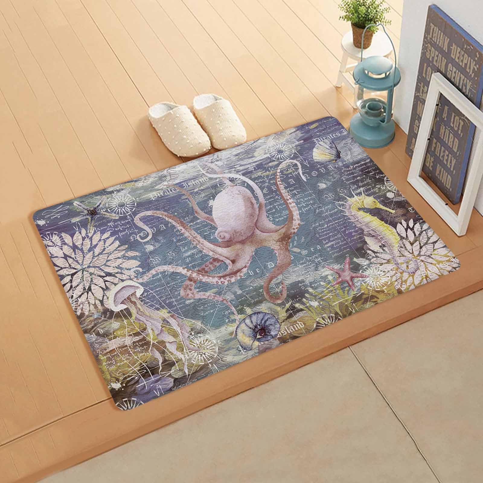 Ocean Octopus Antifatigue Kitchen Bath Door Mat Cushioned Runner Rug,Washable Welcome Floor Sink Mat,Waterproof & Non-Slip Standing Doormat for Kitchen,Coastal Starfish Retro Nautical Maps 18
