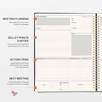 SUNEE Meeting Notebook for Work with Sticky Tabs - 160 Pages, B5 Size Project Planner, Spiral Meeting Agenda/Minutes Notebook Organizer for Women Men, Note Taking, Office & Business, 7x10, Black