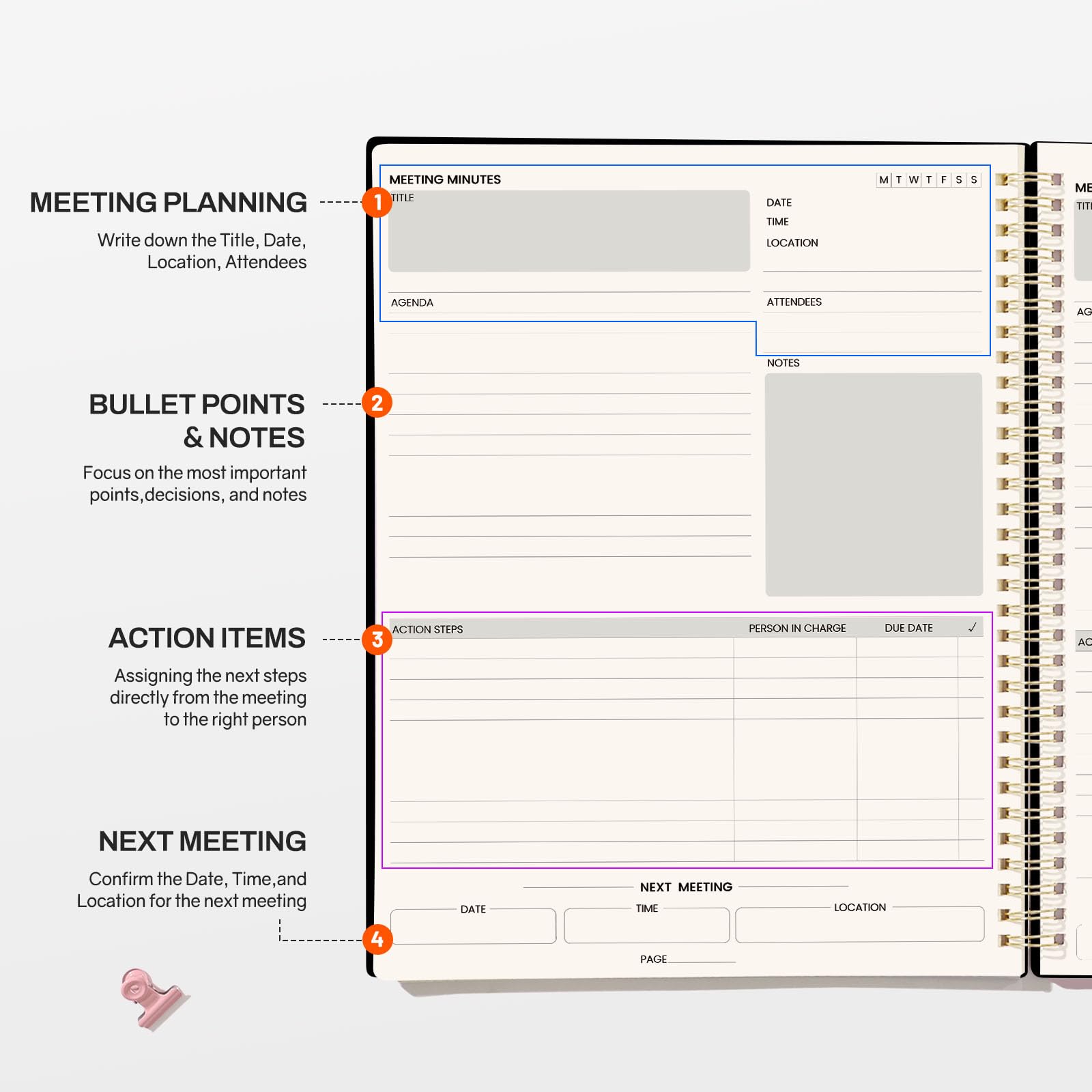 SUNEE Quaderno per riunioni per lavoro con oggetti di azione, 240 pagine, formato A4, agenda per riunioni, agenda e minuti per donne, uomini, appunti, ufficio, affari, 21,5 x 28,9 cm, nero