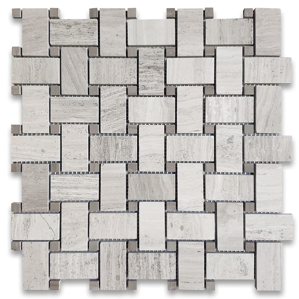 Stone Center Online Athens Silver Cream Marble 1x2 Basketweave Mosaic Tile  w/ Athens Gray Dots Polished Kitchen Bath Wall Floor Backsplash Shower (1  Sheet) - - Amazon.com