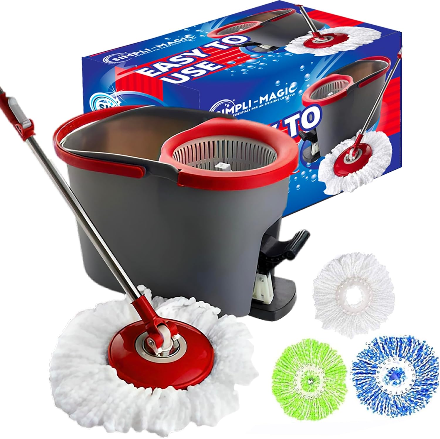 SIMPLI-MAGIC 79349 Spin Mop Cleaning System with 3 Microfiber Mop Heads